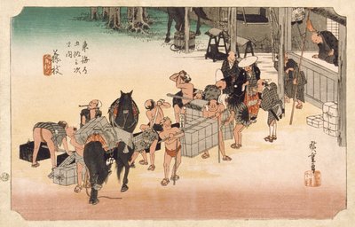 Fujieda: avlösande bärare och hästar av Utagawa Hiroshige