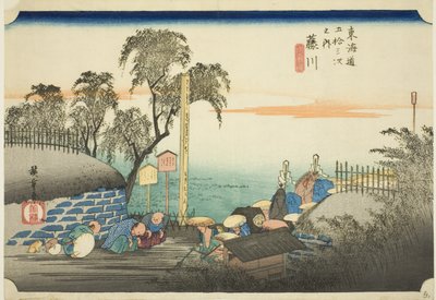 Fujikawa: View of Post Outskirts (Fujikawa, bohana no zu), från serien "Fifty-three Stations of the Tokaido (Tokaido gojusan tsugi no uchi)," även känd som Hoeido Tokaido av Utagawa Hiroshige