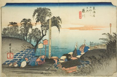 Fujikawa: View of Post Outskirts (Fujikawa, bohana no zu), från serien "Fifty-three Stations of the Tokaido (Tokaido gojusan tsugi no uchi)," även känd som Hoeido Tokaido av Utagawa Hiroshige