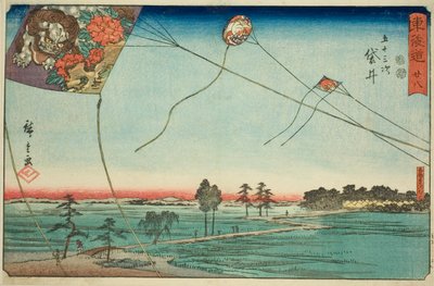 Fukuroi: Famous Kites of Enshu (Fukuroi, meibutsu Enshu dako)—Nr 28, från serien "Fifty-three Stations of the Tokaido (Tokaido gojusan tsugi)," även känd som Reisho Tokaido av Utagawa Hiroshige
