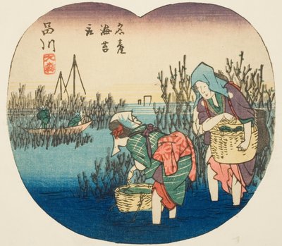 Samla sjögräs vid Omori i Shinagawa (Shinagawa, Omori, meisan nori tori), sektion av ark nr 1 från serien "Utklippta bilder på Tokaidovägen (Tokaido harimaze zue)" av Utagawa Hiroshige