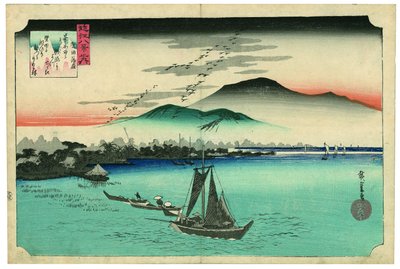 Gäss som sänker sig ned vid Katada av Utagawa Hiroshige