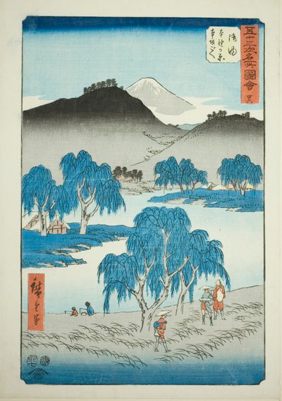 Goyu: Motono Plain och Motosaka Pass (Goyu, Motonogahara Motozaka goe), nr 36 från serien "Famous Sights of the Fifty-three Stations (Gojusan tsugi meisho zue)," även känd som Vertical Tokaido av Utagawa Hiroshige