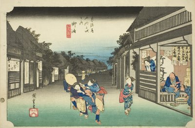 Goyu: Women Stopping Traveler (Goyu, tabibito tomeru onna), från serien "Fifty-three Stations of the Tokaido (Tokaido gojusan tsugi no uchi)," även känd som Hoeido Tokaido av Utagawa Hiroshige