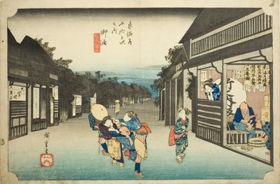 Goyu: Women Stopping Traveler (Goyu tabibito tomeru onna), från serien "Fifty-three stations of the Tokaido (Tokaido gojusan tsugi no uchi)," även känd som Hoeido Tokaido av Utagawa Hiroshige
