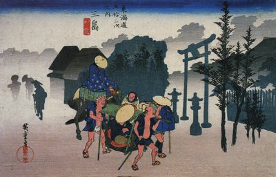 Hiroshige, Resenärer passerar en helgedom i dimman av Utagawa Hiroshige