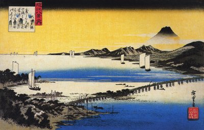 Hiroshige Vy över en lång bro över en sjö av Utagawa Hiroshige