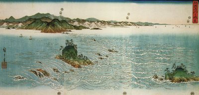 Hiroshige, Bubbelpooler på en klippig kust av Utagawa Hiroshige