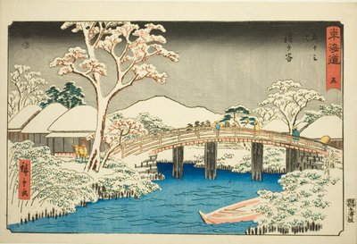 Hodogaya: Katabira River och Katabira Bridge (Hodogaya, Katabiragawa Katabirabashi) – nr 5, från serien "Fifty-three Stations of the Tokaido (Tokaido gojusan tsugi)," även känd som Reisho Tokaido av Utagawa Hiroshige