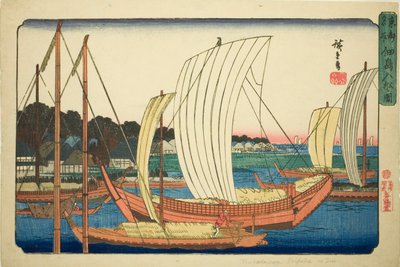 Inkommande båtar på Tsukuda Island (Tsukudajima irifune no zu), från serien "Famous Places in the Eastern Capital (Toto meisho)" av Utagawa Hiroshige