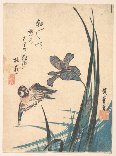 Iris och sparv av Utagawa Hiroshige