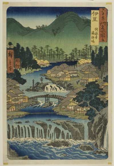 Izu-provinsen: Varma källor vid Shuzen-templet (Izu, Shuzenji tojiba), från serien "Berömda platser i de sextiotalet provinserna (Rokujuyoshu meisho zue)" av Utagawa Hiroshige