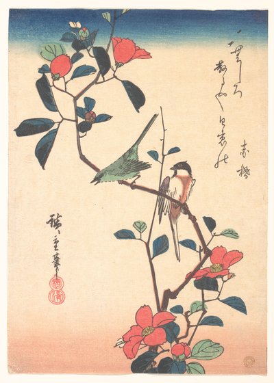 Japansk glasögonfågel och mes på en kameliagren av Utagawa Hiroshige