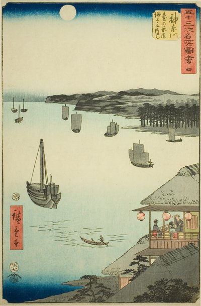 Kanagawa: Utsikt över havet från tehusen på kullen (Kanagawa, dai no chaya kaijo miharashi), nr. 4 från serien "Famous Sights of the Fifty-three Stations (Gojusan tsugi meisho zue)," även känd som Vertical Tokaido av Utagawa Hiroshige