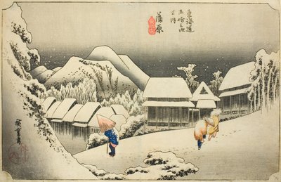 Kanbara: Evening Snow (Kanbara, yoru no yuki), från serien "Fifty-three Stations of the Tokaido (Tokaido gojusan tsugi no uchi)," även känd som Hoeido Tokaido av Utagawa Hiroshige