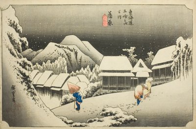 Kanbara: Evening Snow (Kanbara, yoru no yuki), från serien "Fifty-three Stations of the Tokaido (Tokaido gojusan tsugi no uchi)," även känd som Hoeido Tokaido av Utagawa Hiroshige