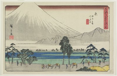Kashiwahara rastområde vid dammen med utsikt över berget Fuji, Hara, 1841-1842 av Utagawa Hiroshige