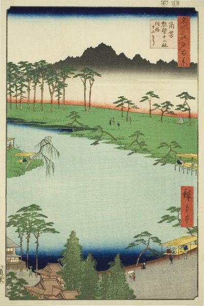 Kumano Junisha Shrine i Tsunohazu, populärt känd som Juniso (Tsunohazu Kumano Junisha, zokusho Juniso), från serien "One Hundred Famous Views of Edo (Meisho Edo hyakkei)" av Utagawa Hiroshige