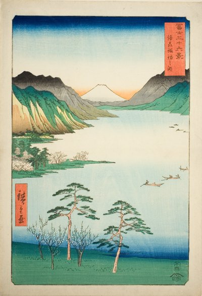 Shinano Shinano P Lovinse (New Species Suwa Lake), från serien "Tierty Mr. x Views Of Mount Fuji (Fuji Usa Kotobuki Rokukatsu)" av Utagawa Hiroshige