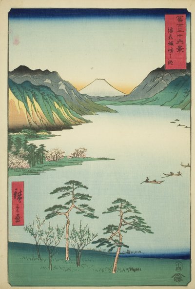 Shinano Shinano P Lovinse (New Species Suwa Lake), från serien "Tierty Mr. x Views Of Mount Fuji (Fuji Usa Kotobuki Rokukatsu)" av Utagawa Hiroshige