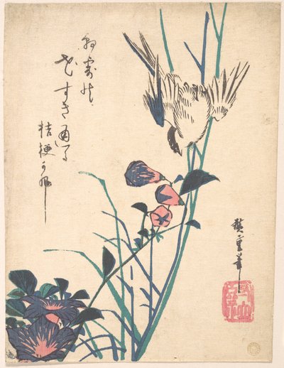 Storblommig plattnäbb och sparv av Utagawa Hiroshige