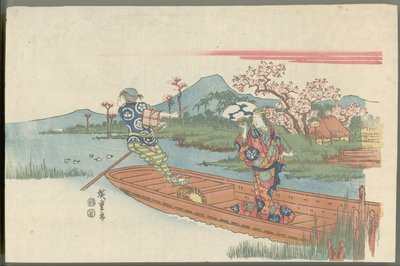 Galna kvinnan i en färja nära Mokubōji-templet (scen ur nō-spelet Sumidagawa) av Utagawa Hiroshige