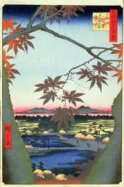 Maple Trees at Mam, Tekona Shrine and Linked Bridge, skylt 94 från serien One Hundred Views of Edo, Edo Period, Ansei Era, 1857 (träblockstryck) av Utagawa Hiroshige