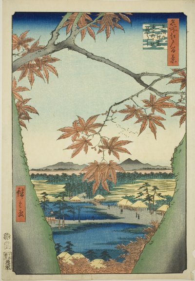 Lönnträd vid Mama, Tekona Shrine och Tsugi Bridge (Mama no momiji, Tekona no yashiro, Tsugihashi), från serien "One Hundred Famous Views of Edo (Meisho Edo hyakkei)" av Utagawa Hiroshige