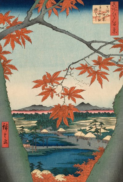 Lönnträd vid Mama, Tekona Shrine och Tsugi Bridge (Mama no momiji, Tekona no yashiro, Tsugihashi), från serien "One Hundred Famous Views of Edo (Meisho Edo hyakkei)" av Utagawa Hiroshige
