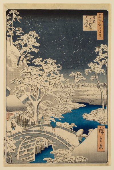Meguro trumbro och Solnedgångskullen, ur serien "Hundra berömda vyer över Edo" av Utagawa Hiroshige