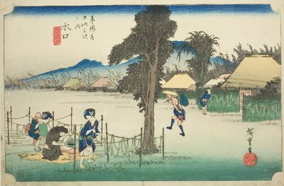 Minakuchi: Torkade kalebassspån, en lokal specialitet (Minakuchi, meibutsu kanpyo), från serien "Fifty-three Stations of the Tokaido (Tokaido gojusan tsugi no uchi)," även känd som Hoeido Tokaido av Utagawa Hiroshige