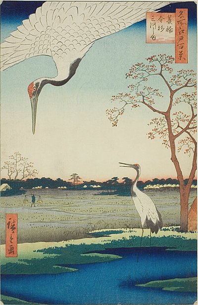 Minowa, Kanasugi, Mikawashima, nr 102 från serien "Hundra berömda vyer av Edo (Meisho Edo hyakkei)" av Utagawa Hiroshige