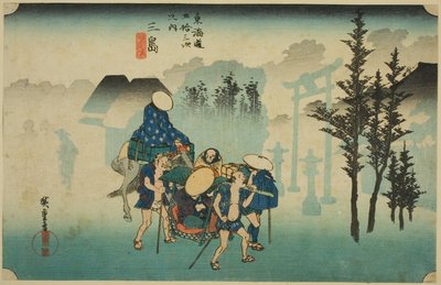 Mishima: Morning Mist (Mishima, asagiri), från serien "Fifty-three Stations of the Tokaido Road (Tokaido gojusan tsugi no uchi)," även känd som Hoeido Tokaido av Utagawa Hiroshige