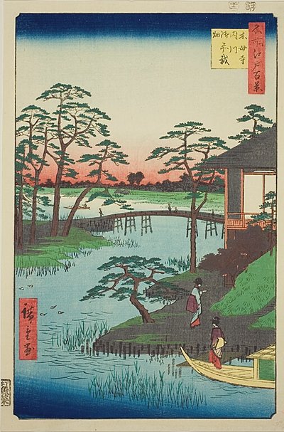 Mokubo Temple, Uchigawa Inlet, Gozensaihata (Mokuboji Uchigawa Gozensaihata), nr 92 från serien "Hundra berömda vyer av Edo (Meisho Edo hyakkei)" av Utagawa Hiroshige