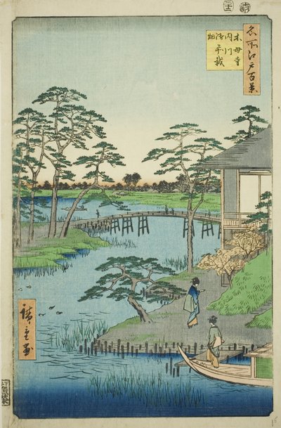 Mokubo Temp, Uchigawa Innet, And Gozensaihata (Mokuboji Uchigawa Gozensaihata), från en finansierad fah s wa ews of f edo av Utagawa Hiroshige