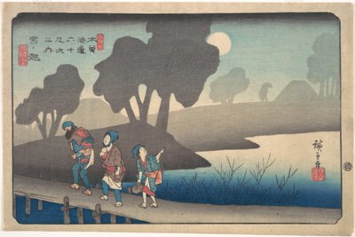 Månbelyst natt vid Miyanokoshi, ur Kisokaidōs sextionio stationer av Utagawa Hiroshige