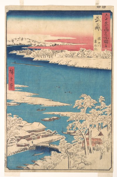 Morgon efter ett snöfall, Sumidafloden, Musashiprovinsen, ur serien Vy över berömda platser i de drygt sextio provinserna av Utagawa Hiroshige