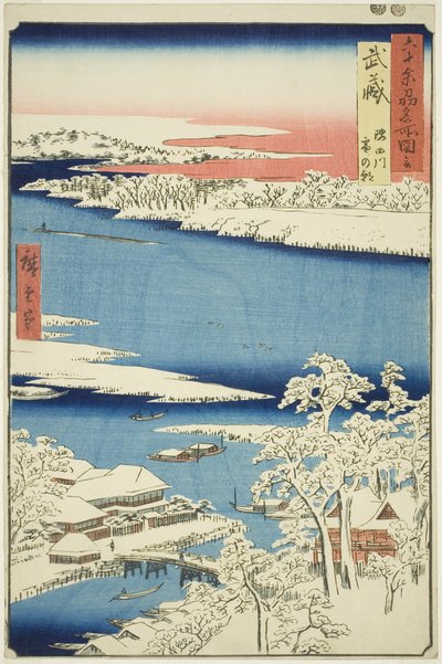 Musashi-provinsen: Morgon efter snö på Sumidafloden (Musashi, Sumidagawa yuki no ashita), från serien "Kända platser i de sextio-udda provinserna (Rokujuyoshu meisho zue)" av Utagawa Hiroshige