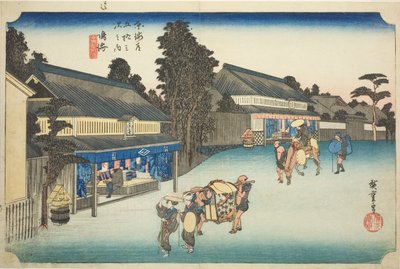 Narumi: Famous Tie-dyed Fabrics of Arimatsu (Narumi, meibutsu Arimatsu shibori), från serien "Fifty-three Stations of the Tokaido (Tokaido gojusan tsugi no uchi)," även känd som Hoeido Tokaido av Utagawa Hiroshige