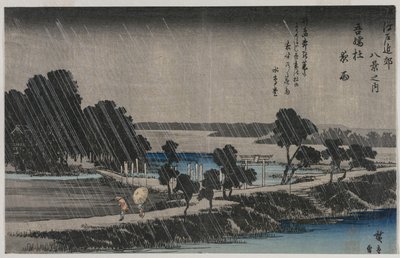 Night Rain at the Azuma Shrine från serien Eight Views of the Environs of Edo, mitten av 1830-talet. av Utagawa Hiroshige