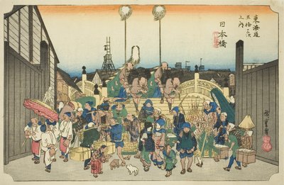 Nihonbashi: Procession Departing (Nihonbashi, gyoretsu furidashi), från serien "Fifty-three Stations of the Tokaido Road (Tokaido gojusan tsugi no uchi)," även känd som Hoeido Tokaido av Utagawa Hiroshige