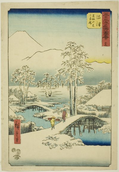 Numazu: Mount Fuji och Mount Ashigara i klart väder efter snö, nr. 13 (Numazu, Ashigarayama Fuji no yukibare), från serien "Famous Sights of the Fifty-three Stations (Gojusan tsugi meisho zue)," även känd som Vertical Tokaido av Utagawa Hiroshige