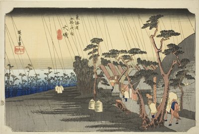 Oiso: Toras regn (Oiso, Tora ga ame), från serien "Femtiotre stationer på Tokaidovägen (Tokaido gojusan tsugi no uchi)", även känd som Hoeido Tokaido av Utagawa Hiroshige
