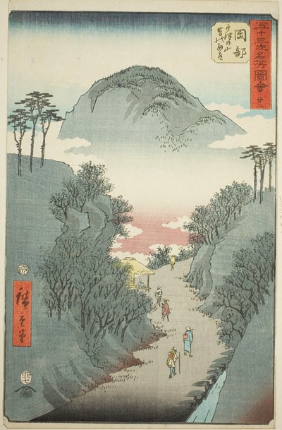 Okabe: Smal murgrönatäckt väg vid Mount Utsu (Okabe, Utsu no yama tsuta no hosomichi), nr. 22 från serien "Famous Sights of the Fifty-three Stations (Gojusan tsugi meisho zue)," även känd som Vertical Tokaido av Utagawa Hiroshige