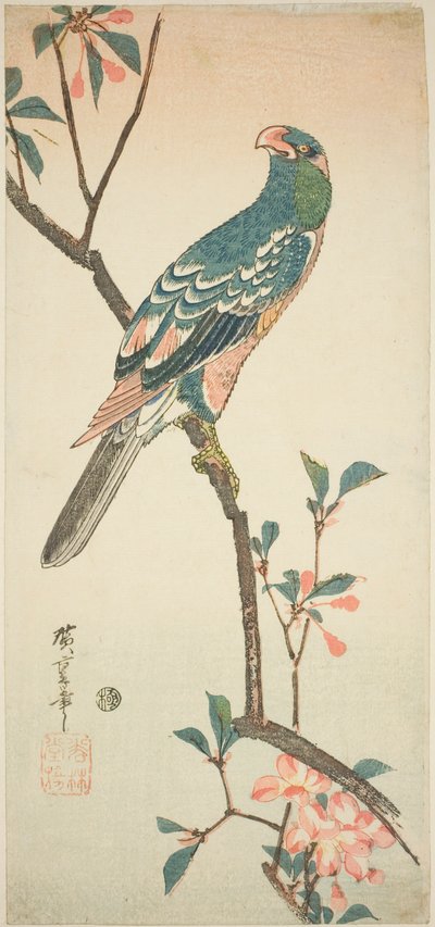 Papegoja på en blommande gren av Utagawa Hiroshige