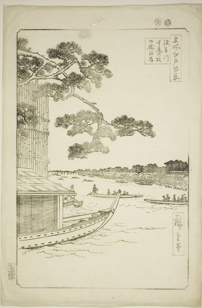Pine f Sutto s Plan d Umaya, Asakusa River (Asakusa River försvar tallhästar och svält), Hundra vyer av Edo)" av Utagawa Hiroshige