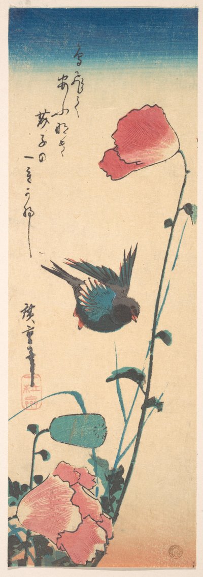 Vallmo och sparv av Utagawa Hiroshige