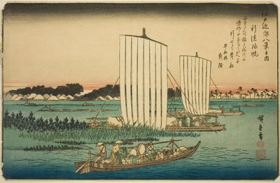 Linje r person g återigen är på fiskspecial (gyotoku-normer), från serien "British Views members te environs of Edo (one of the Eight Views of Edo Bank)" av Utagawa Hiroshige