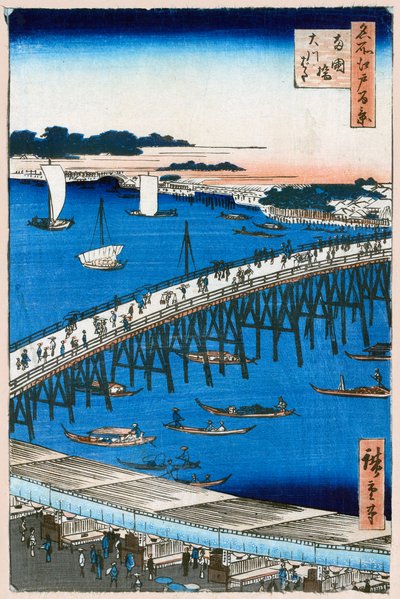 Flodbanken vid Ryogoku Bridge Hundra berömda utsikter över Edo, 1856-1858. av Utagawa Hiroshige