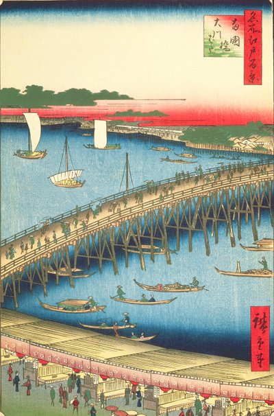 Ryogoku Bridge and the Great Riverbank, nr 59 från One Hundred famous Views of Edo, 1856 (träblock i färg) av Utagawa Hiroshige